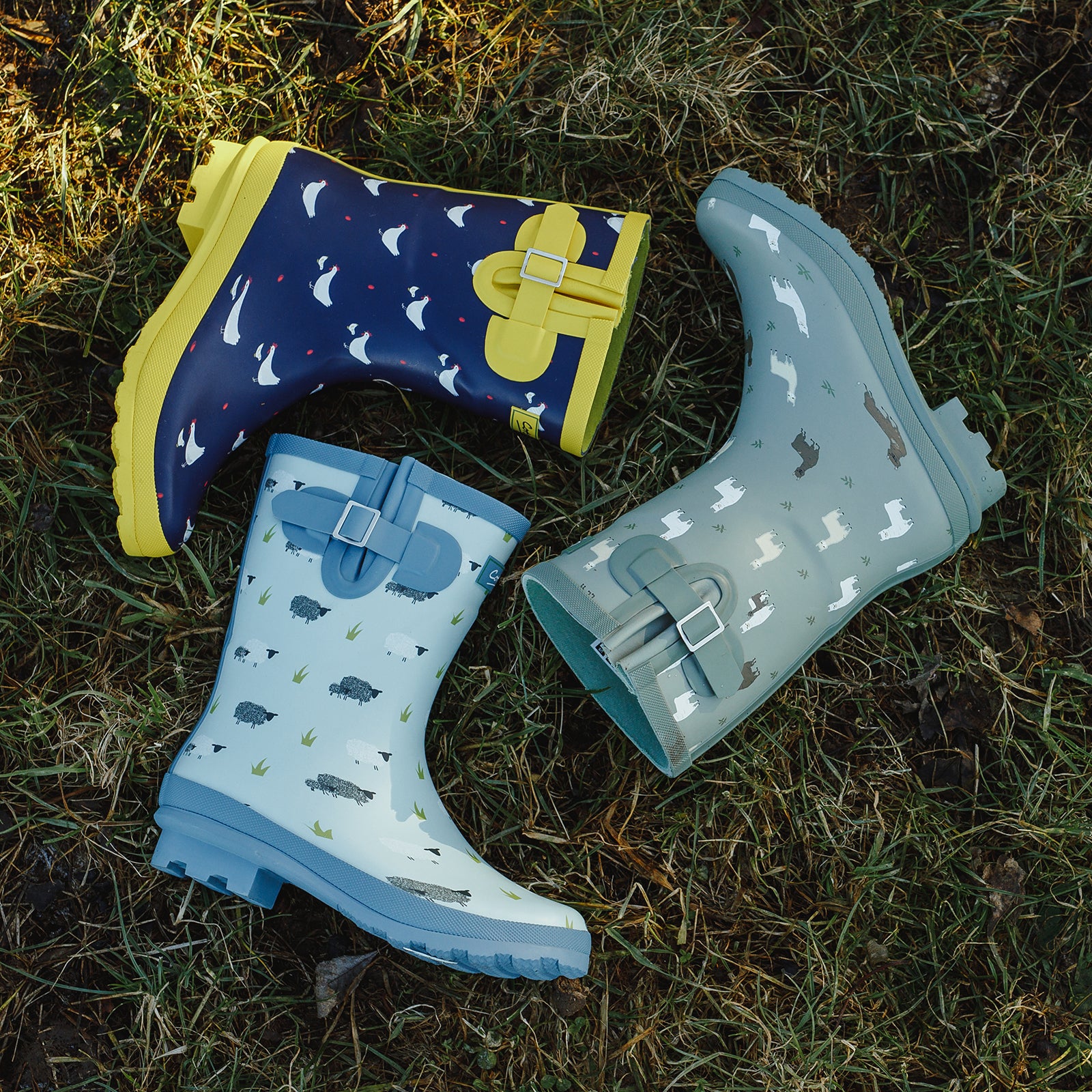 A selection of 3 Cotswold Farmyard Wellingtons laid out on their side on grass