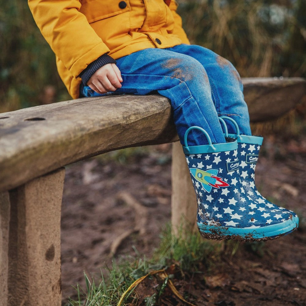 Kids Sprinkle Junior Wellington Boots Dark Blue & White