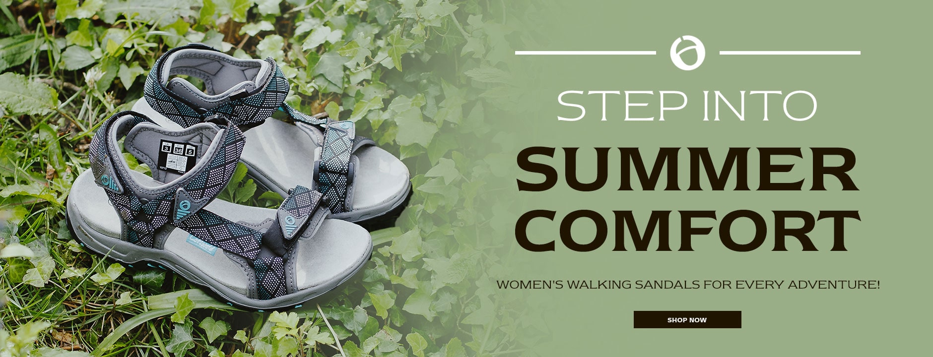 A pair of Cotswold Foxcote sandals placed on ivy. Text reads 'STEP INTO SUMMER COMFORT. WOMEN'S WALKING SANDALS FOR EVERY ADVENTURE! SHOP NOW.'