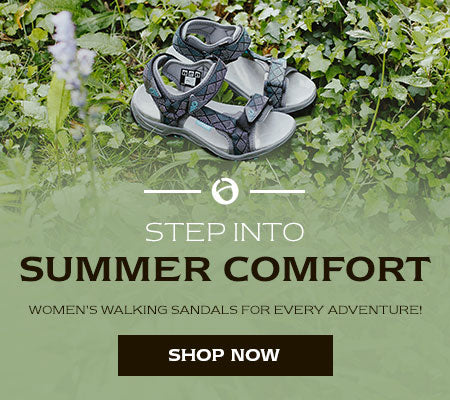 A pair of Cotswold Foxcote sandals placed on ivy. Text reads 'STEP INTO SUMMER COMFORT. WOMEN'S WALKING SANDALS FOR EVERY ADVENTURE! SHOP NOW.'