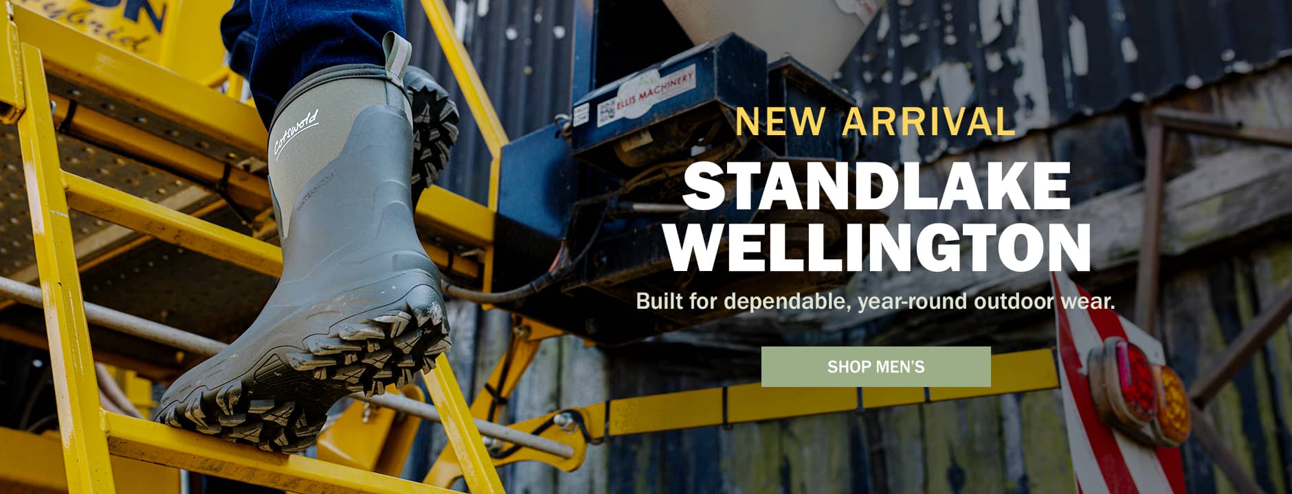 A person wearing a green Standlake Waterproof Wellingtons Green stands on a yellow construction platform, with large promotional text reading 'NEW ARRIVAL STANDLAKE WELLINGTON' and a 'SHOP NOW' button over the scene.